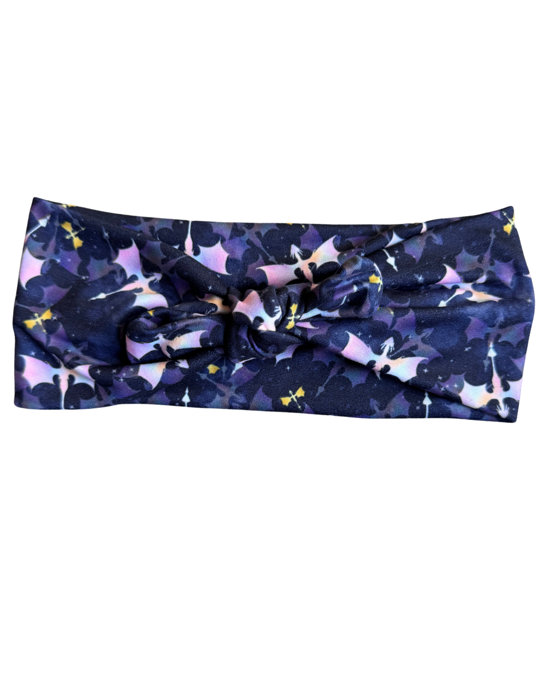 Navy headband with abstract pink and yellow pattern on a white background
