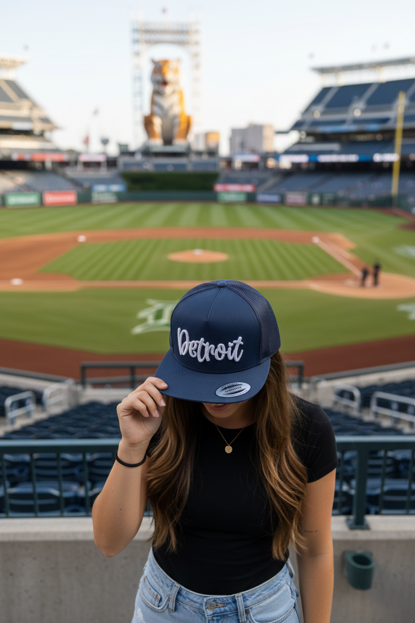 Detroit Script 3D Puff Embroidered Yupoong Trucker Hat | Team Inspired Colors