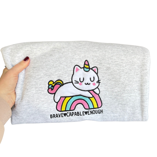 GLITTERY  Empowered Unicorn Kitty Embroidered Crew Neck Sweatshirt