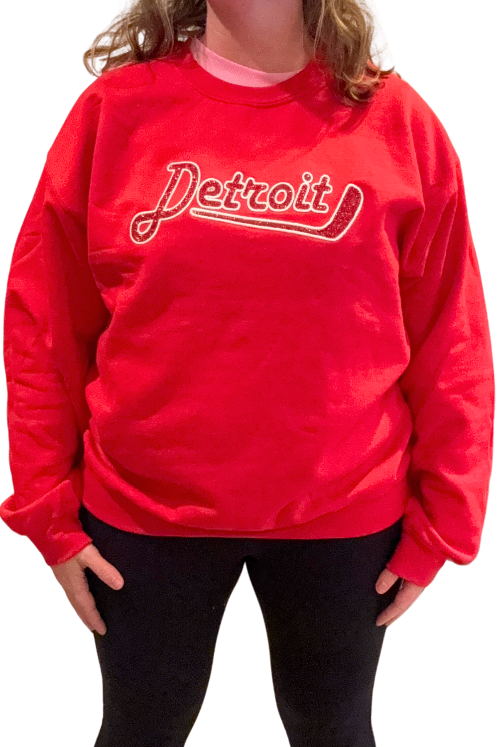Red Detroit Hockey Glitter Embroidered Sweatshirt