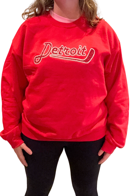 Red Detroit Hockey Glitter Embroidered Sweatshirt