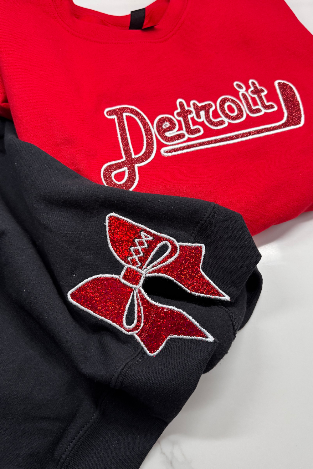 Red Detroit Hockey Glitter Embroidered Sweatshirt