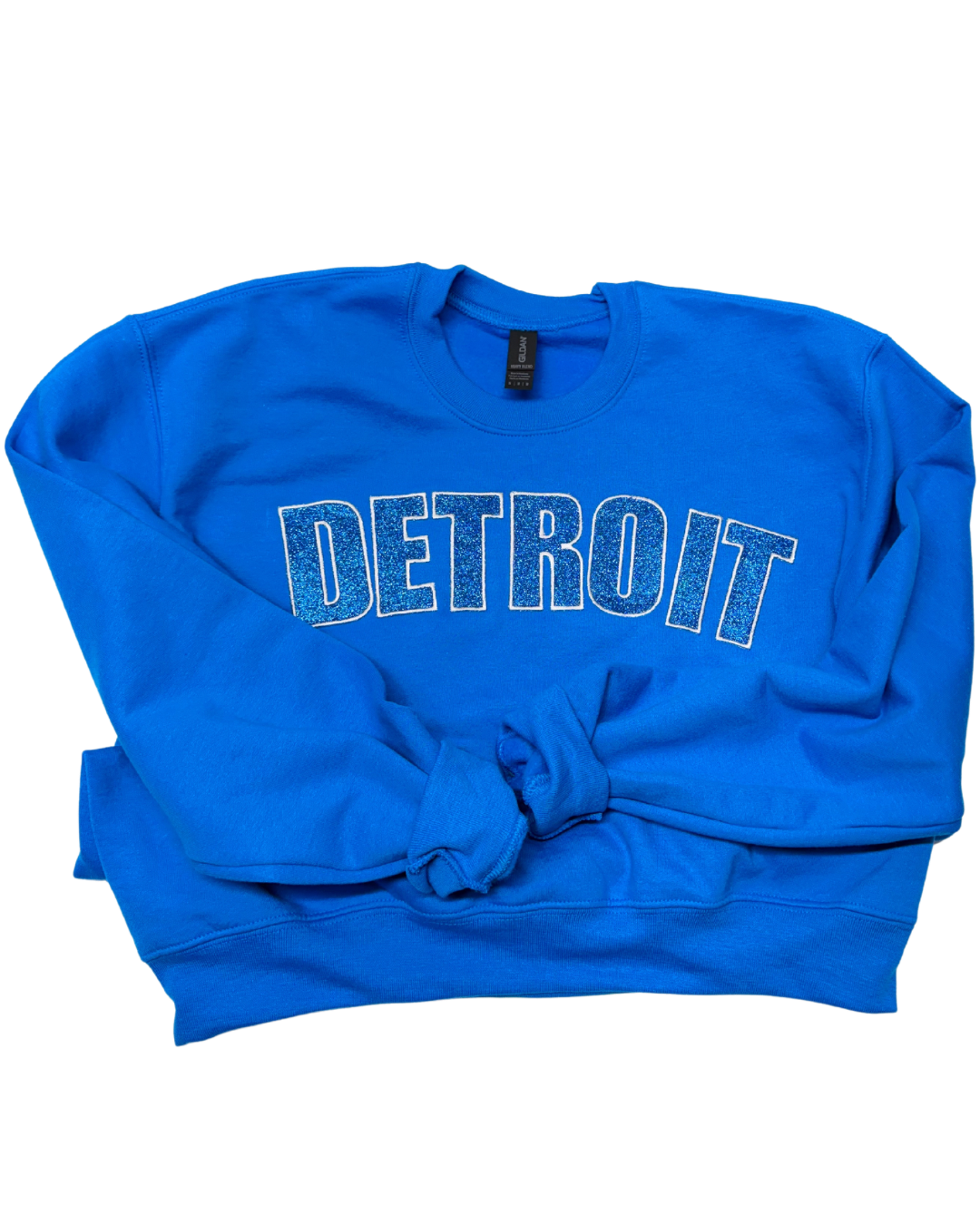 Blue Detroit Football Glitter Embroidered Sweatshirt box lettering
