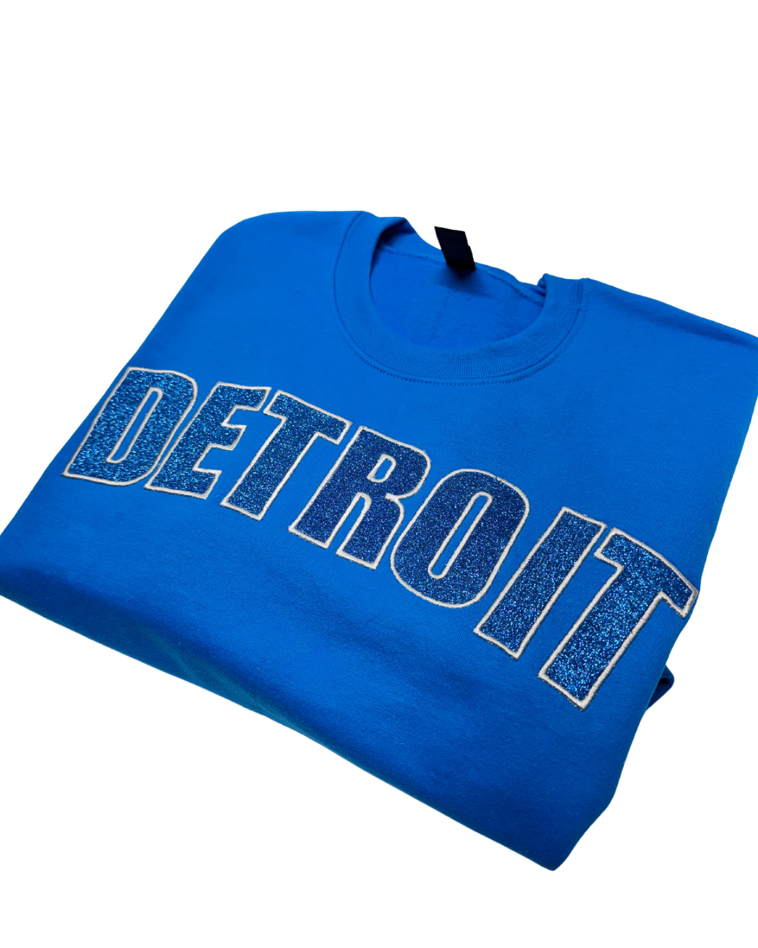 Blue Detroit Football Glitter Embroidered Sweatshirt box lettering