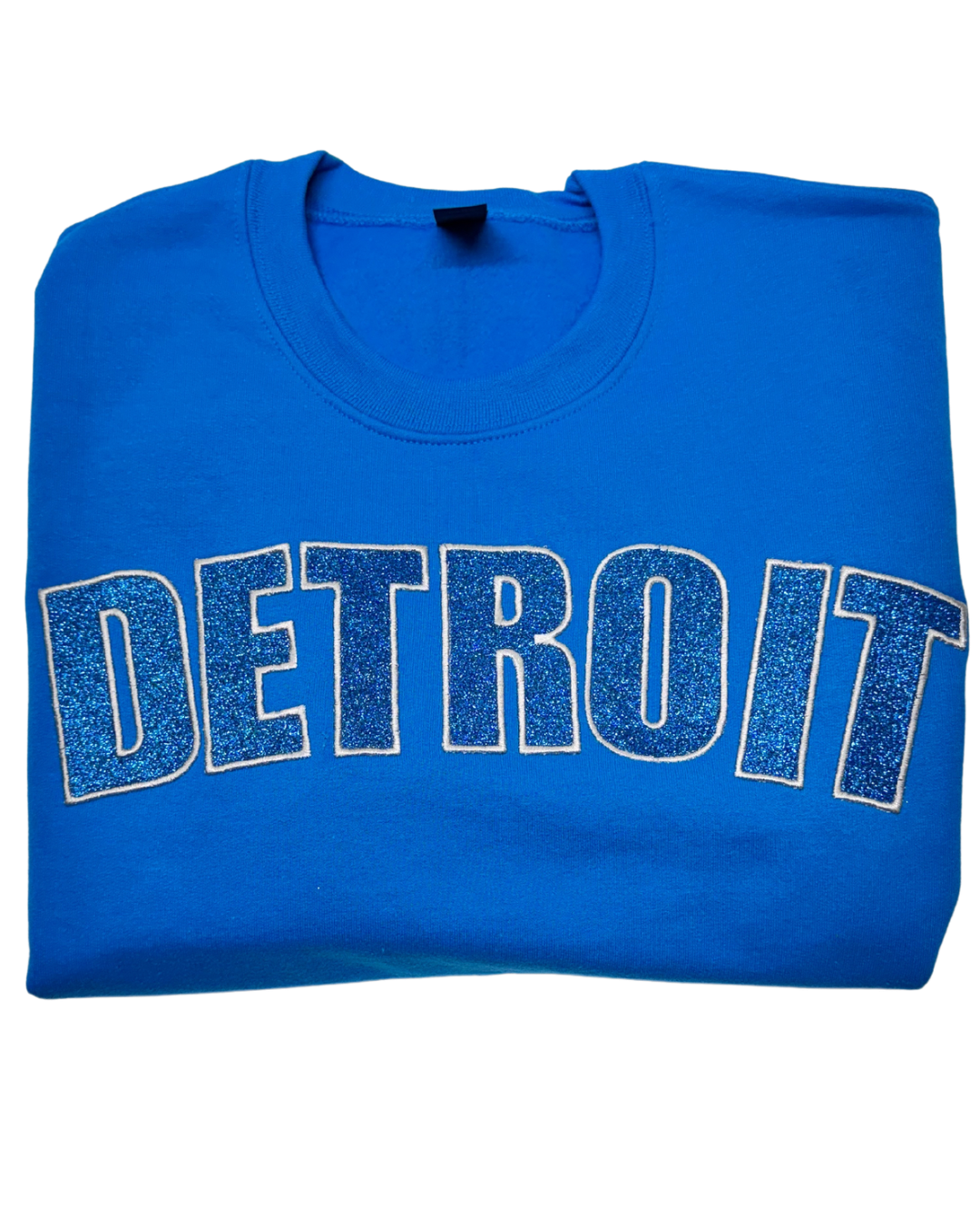 Blue Detroit Football Glitter Embroidered Sweatshirt box lettering