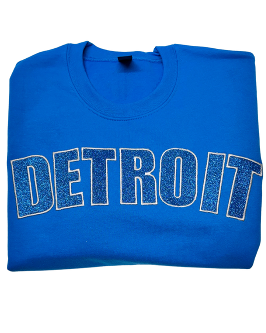 Blue Detroit Football Glitter Embroidered Sweatshirt box lettering