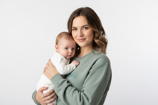Stonewash green embroidered Mama sweatshirt with raised 3D puff script lettering