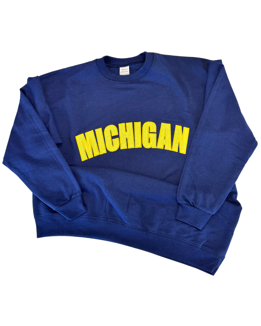 Blue Michigan with Gold Glow in the Dark Glitter Embroidered Crew Neck Sweatshirt