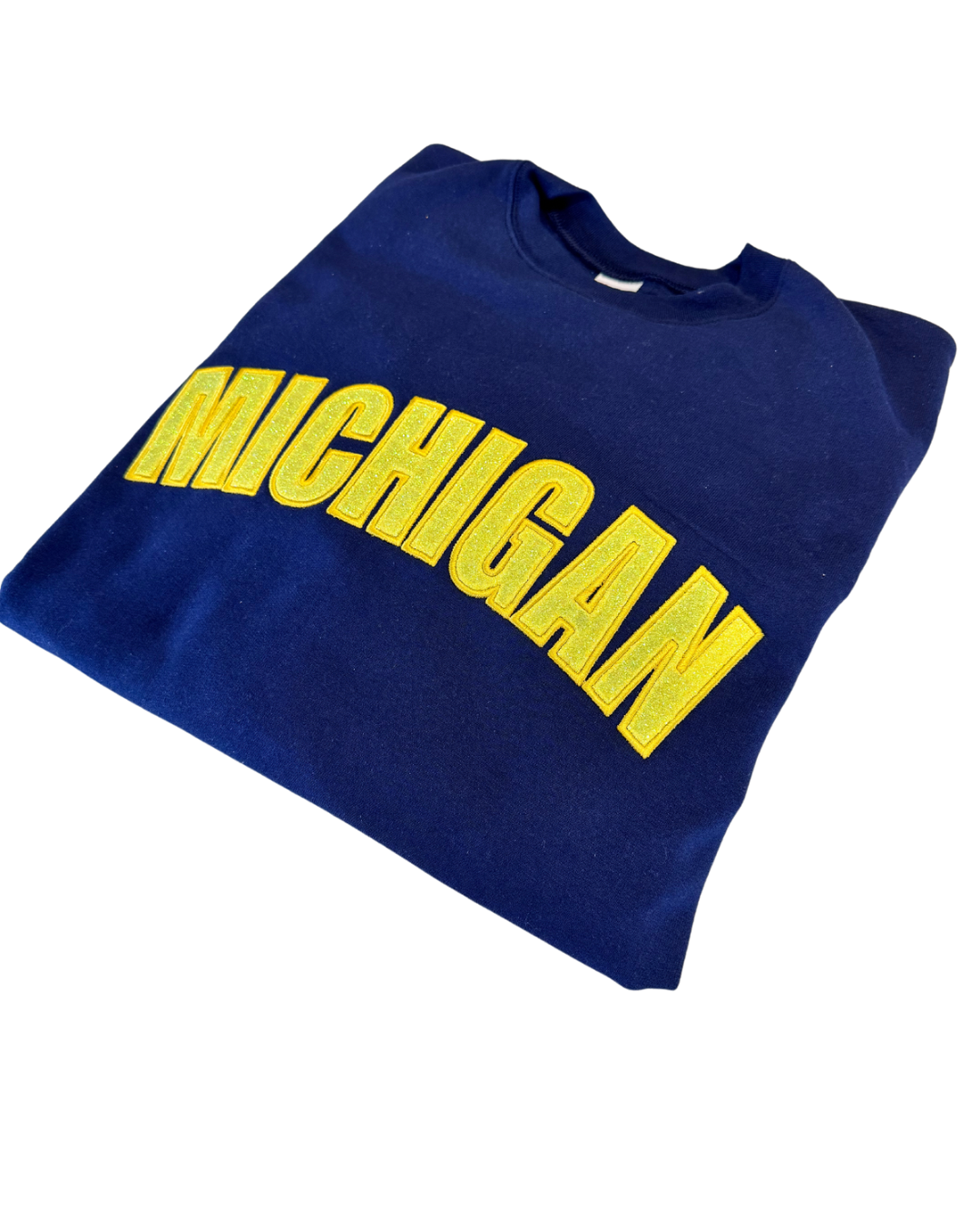 Blue Michigan with Gold Glow in the Dark Glitter Embroidered Crew Neck Sweatshirt