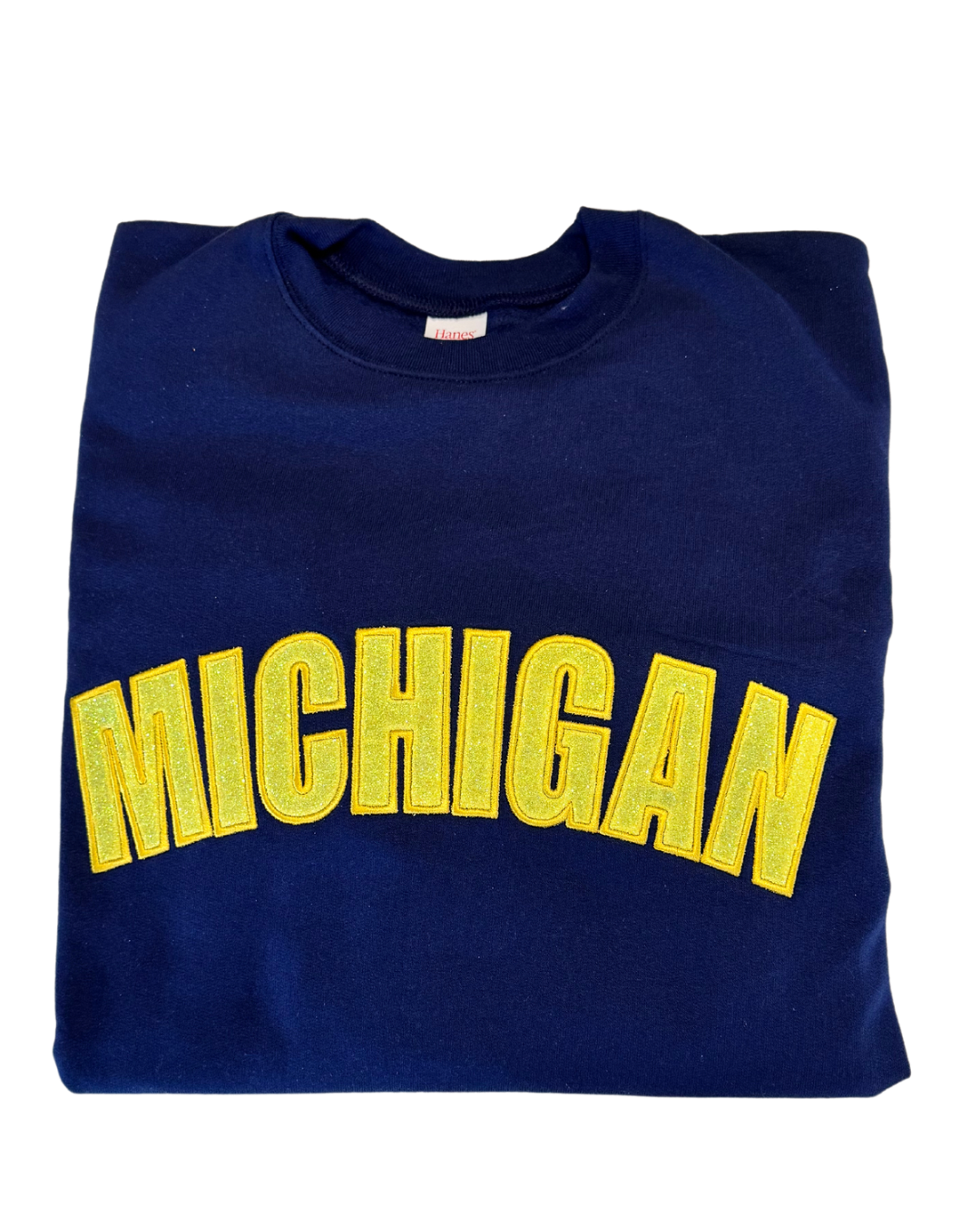 Blue Michigan with Gold Glow in the Dark Glitter Embroidered Crew Neck Sweatshirt