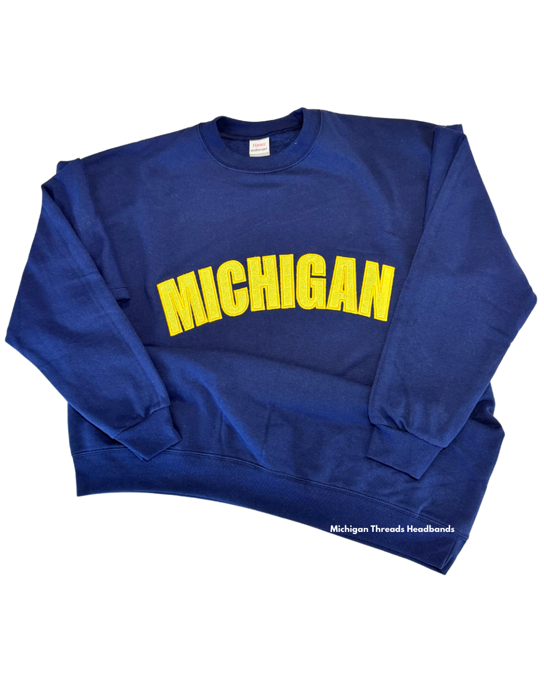 Blue Michigan with Gold Glow in the Dark Glitter Embroidered Crew Neck Sweatshirt