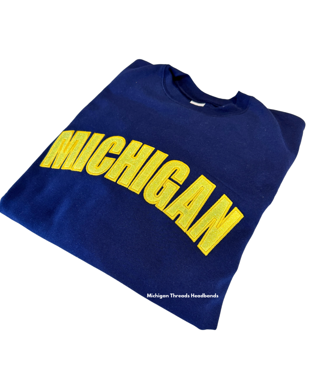 Blue Michigan with Gold Glow in the Dark Glitter Embroidered Crew Neck Sweatshirt