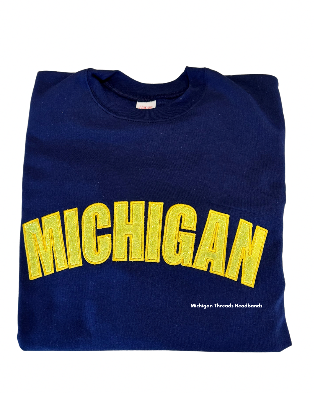 Blue Michigan with Gold Glow in the Dark Glitter Embroidered Crew Neck Sweatshirt