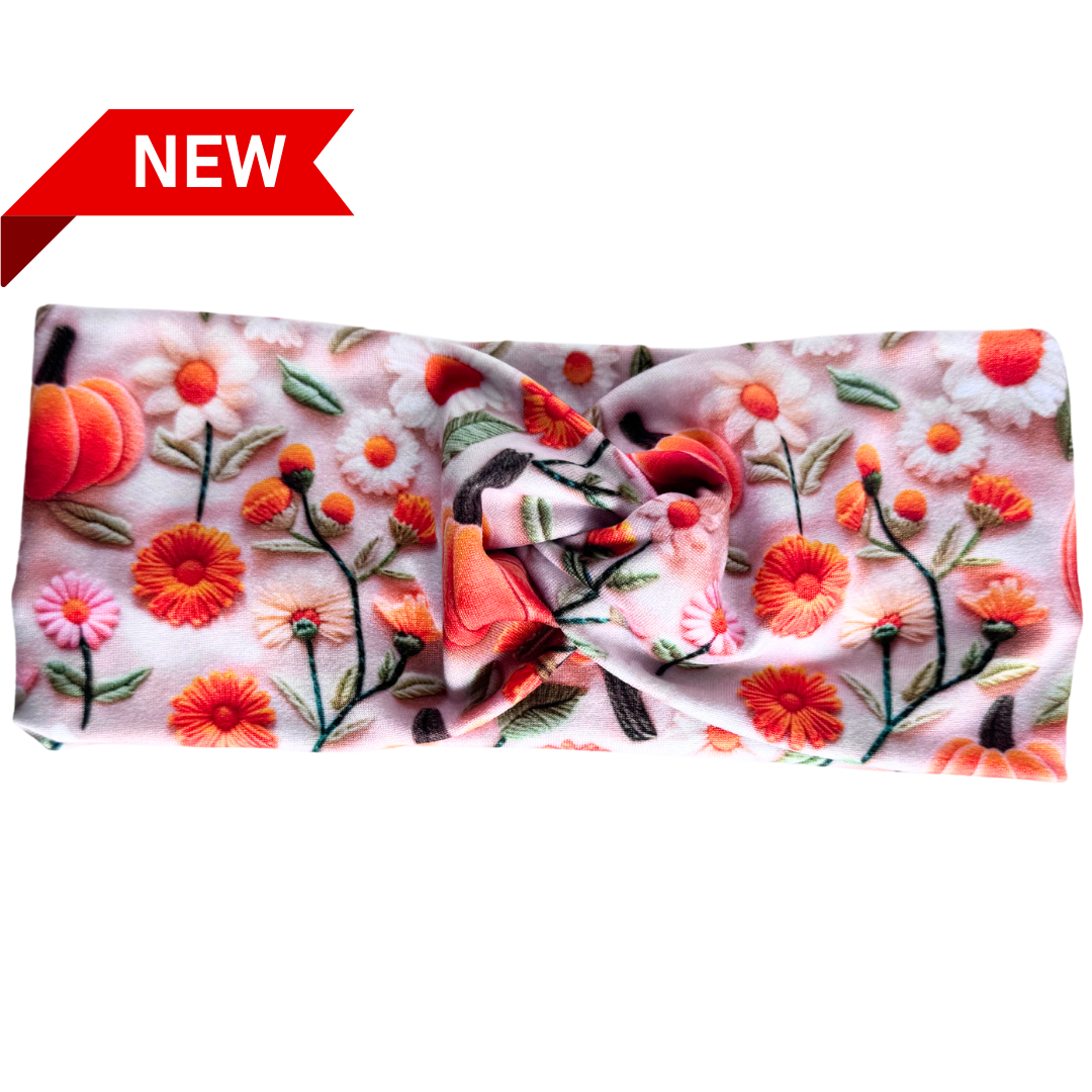 Pumpkins and Daisies on Cream Twisted - Workout Headband