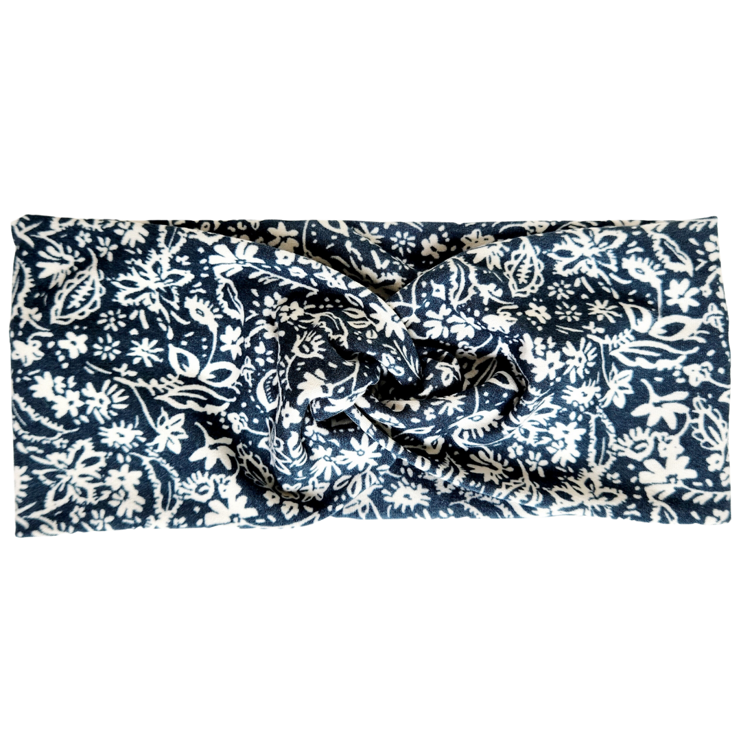 Blue and Cream Floral Twisted - Workout Headband