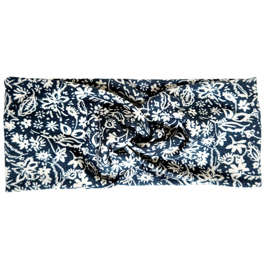 Blue and Cream Floral Twisted - Workout Headband