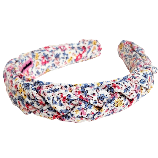 Braided Classic Headband Pink and Blue Ditsy Flowers