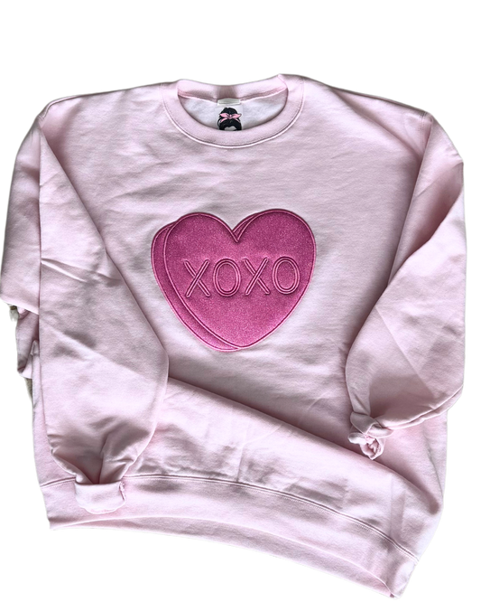 XOXO Heart Glitter Embroidered Crew Neck Sweatshirt