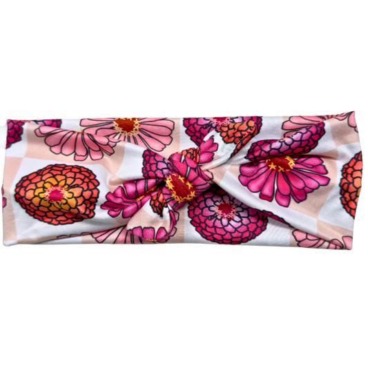Checkered Zinnias - Workout Headband w Removable Bow