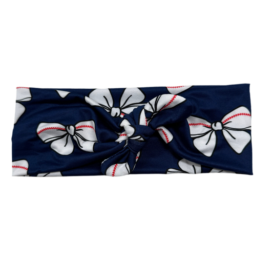 Baseball Bows on Navy - Twisted Workout Headband w/ Removable Bow