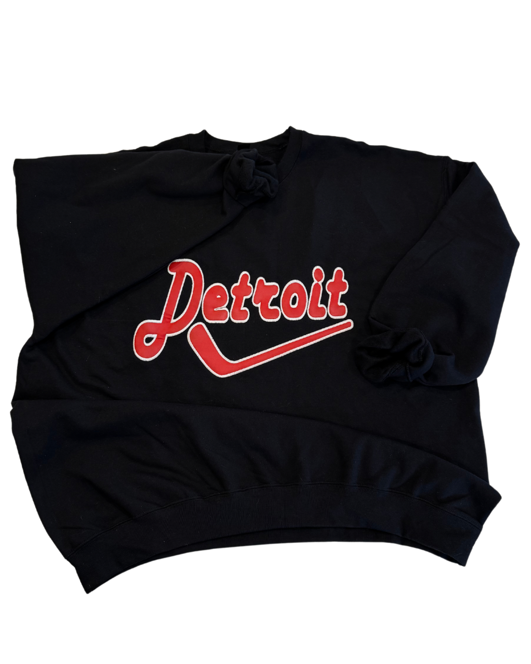 Black Detroit Hockey Pleather Aplique Embroidered Sweatshirt