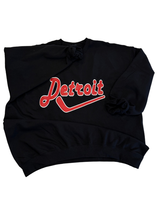 Black Detroit Hockey Pleather Aplique Embroidered Sweatshirt