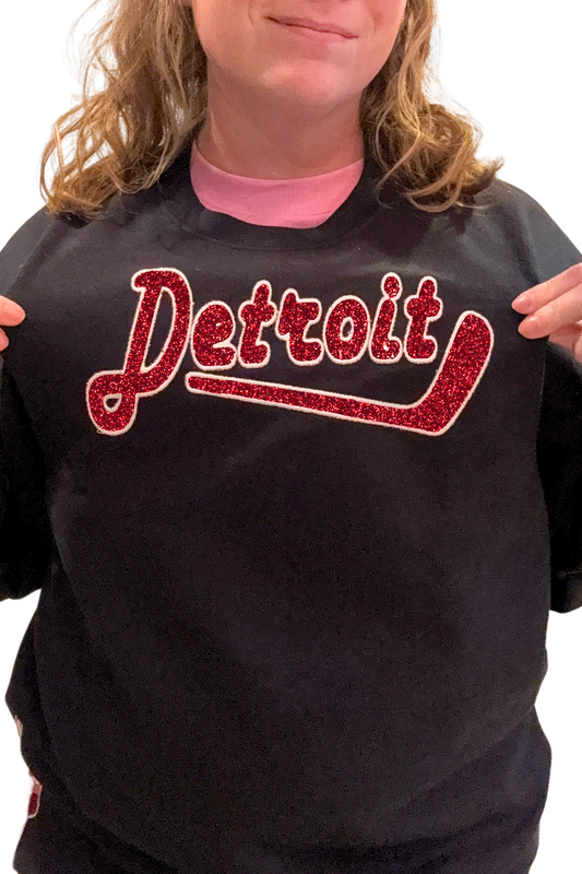 Black Detroit Hockey GLITTER Embroidered Sweatshirt