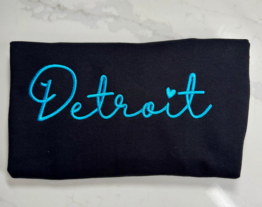 Detroit in Blue Script on Black Crewneck Sweatshirt Crew Neck Sweatshirt