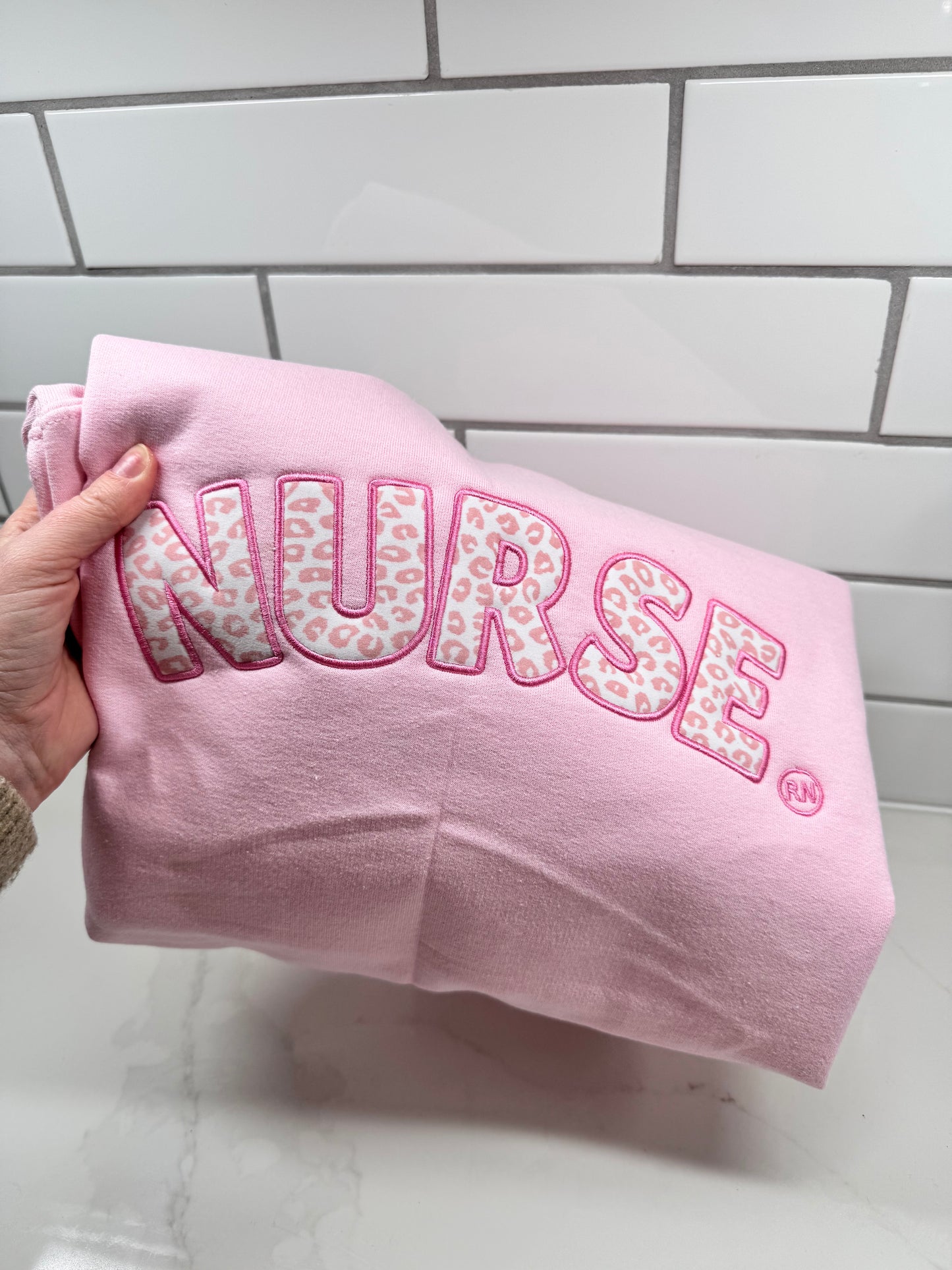 Nurse Embroidered Pink Leopard Crew Neck Sweatshirt