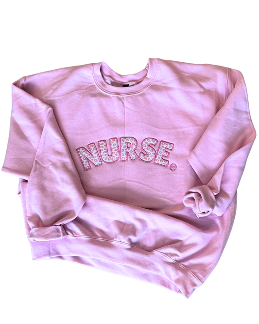 Nurse Embroidered Pink Leopard Crew Neck Sweatshirt