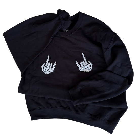 Skeleton Rock Hands Embroidered Crew Neck Sweatshirt - GLOWS IN THE DARK