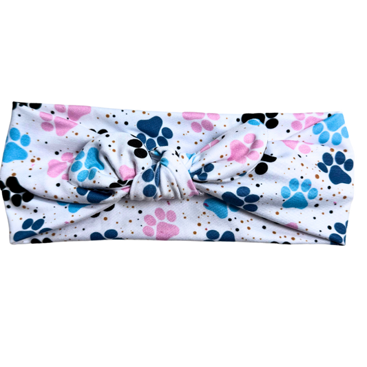 Pink Blue and Black Paws Twisted with Removable Bow- Workout Headband