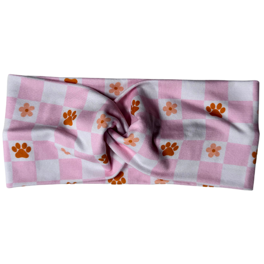 Pink Checkered Paws Twisted - Workout Headband