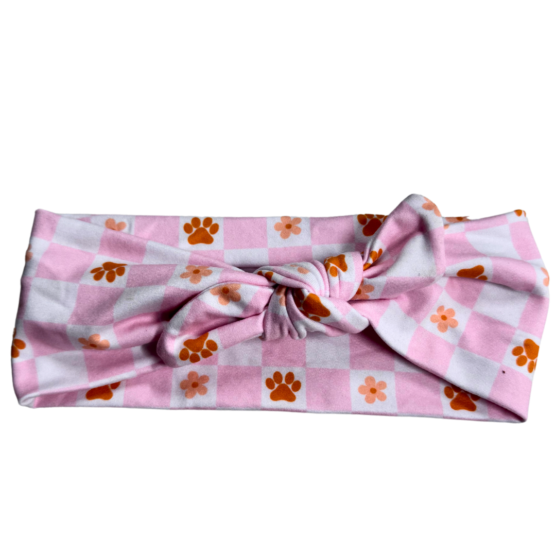 Pink Checkered Paws Twisted with Removable Bow- Workout Headband