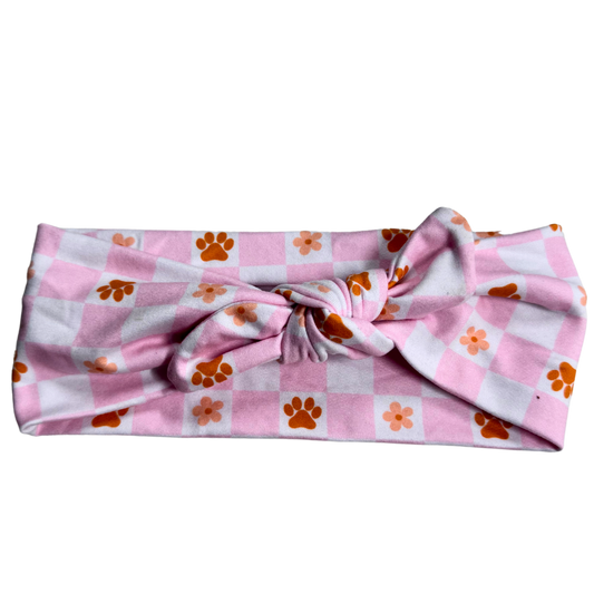 Pink Checkered Paws Twisted with Removable Bow- Workout Headband