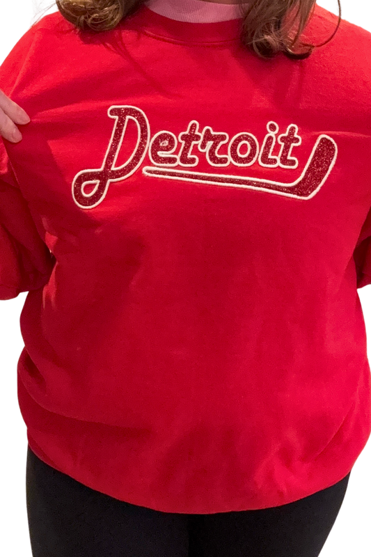 Red Detroit Hockey Glitter Embroidered Sweatshirt