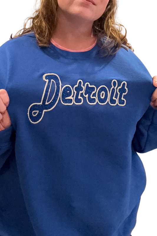 Blue Detroit Football Glitter Embroidered Sweatshirt