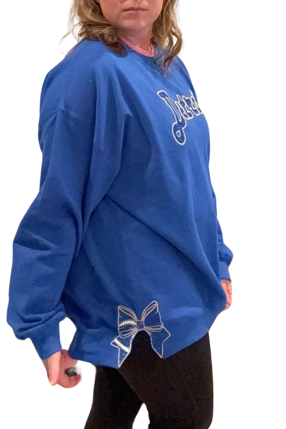 Blue Detroit Football Glitter Embroidered Sweatshirt