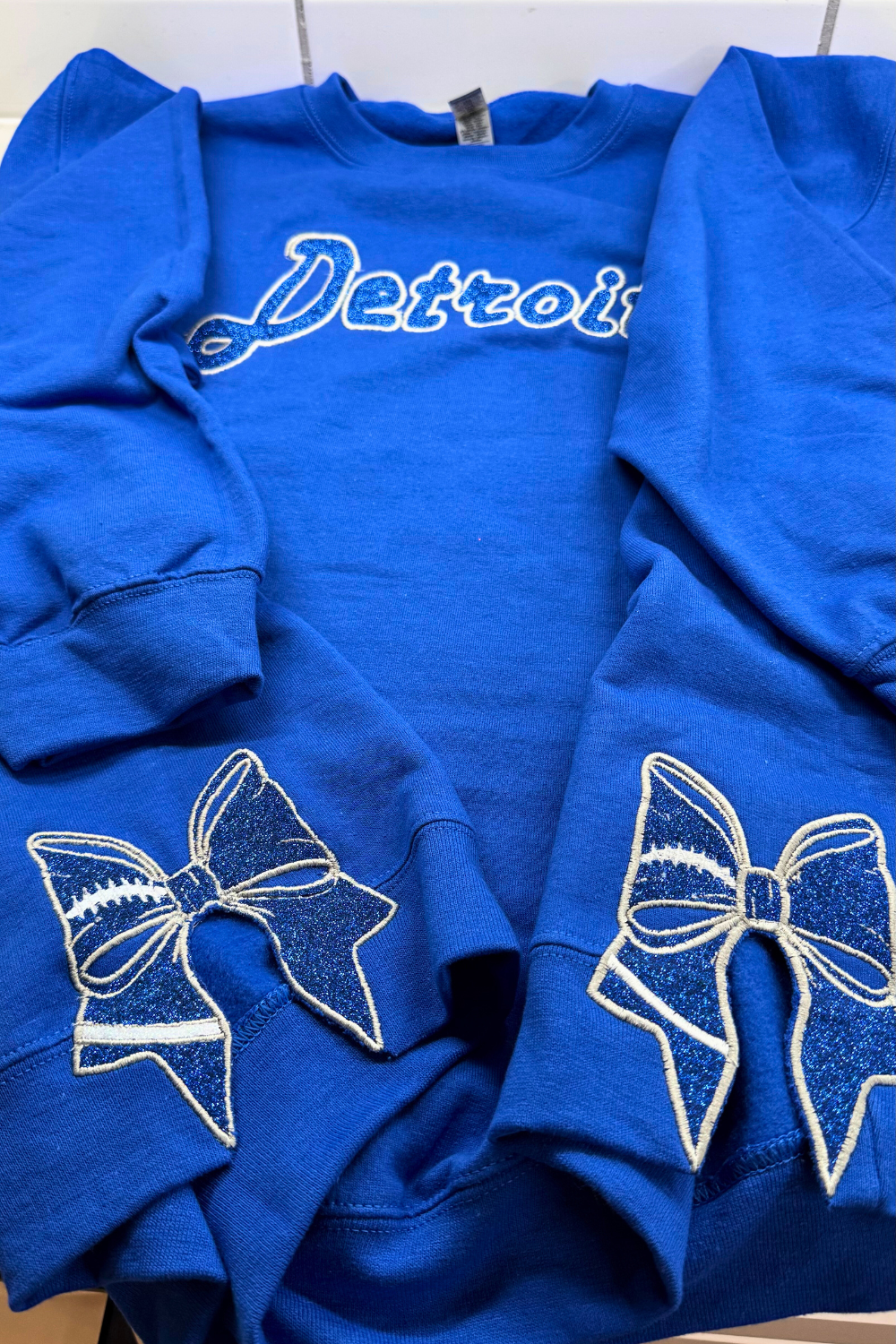 Blue Detroit Football Glitter Embroidered Sweatshirt