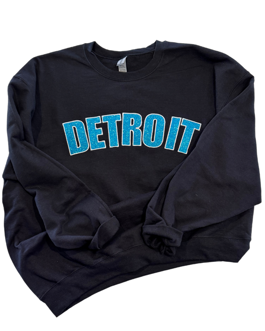 Black Detroit Football Glitter Embroidered Sweatshirt box lettering