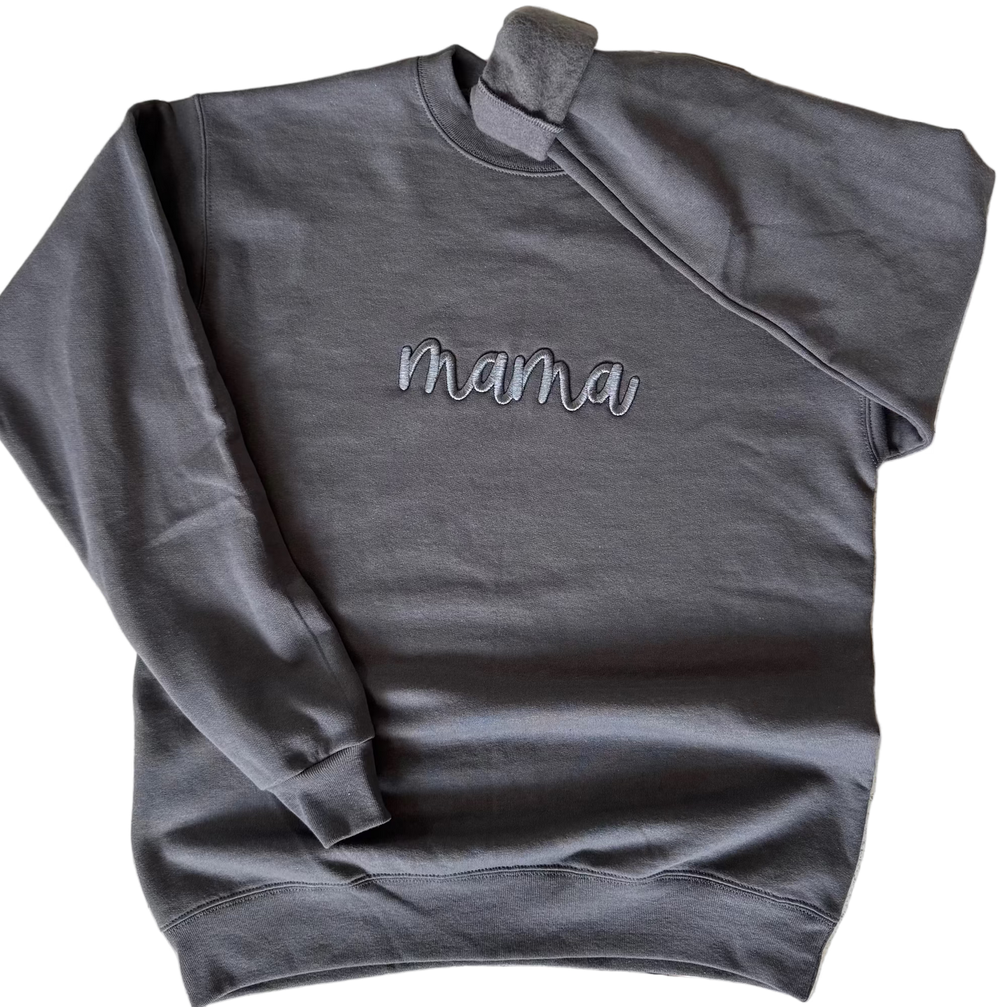 Charcoal grey crewneck sweatshirt with Mama script 3D puff embroidery in white