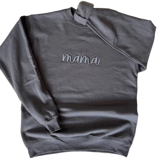 Charcoal grey crewneck sweatshirt with Mama script 3D puff embroidery in white