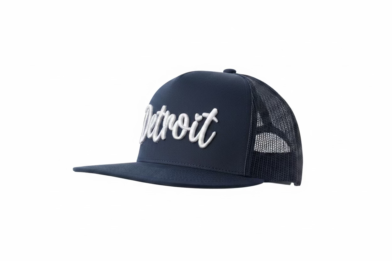 Navy blue Detroit trucker hat with white raised 3D puff script embroidery