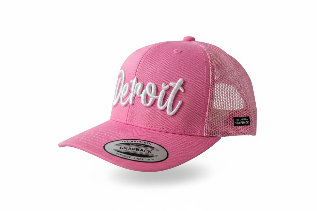 Pink trucker hat with white 3D puff Detroit script across the front panel.