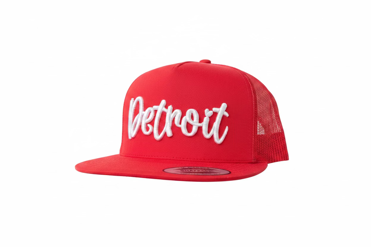 Red Detroit sports hat with white 3D puff script on a Yupoong 6606 trucker cap