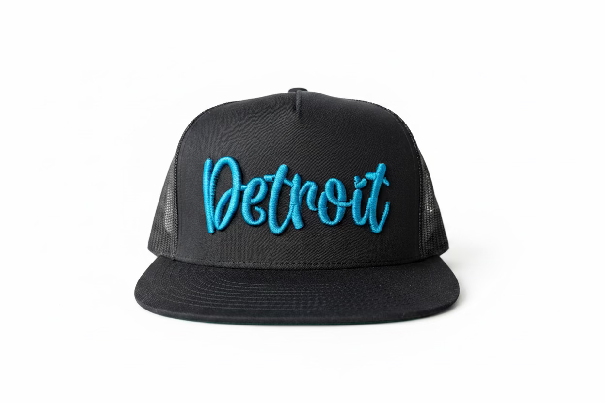 Black Yupoong trucker hat with Detroit script in Honolulu Blue 3D puff embroidery