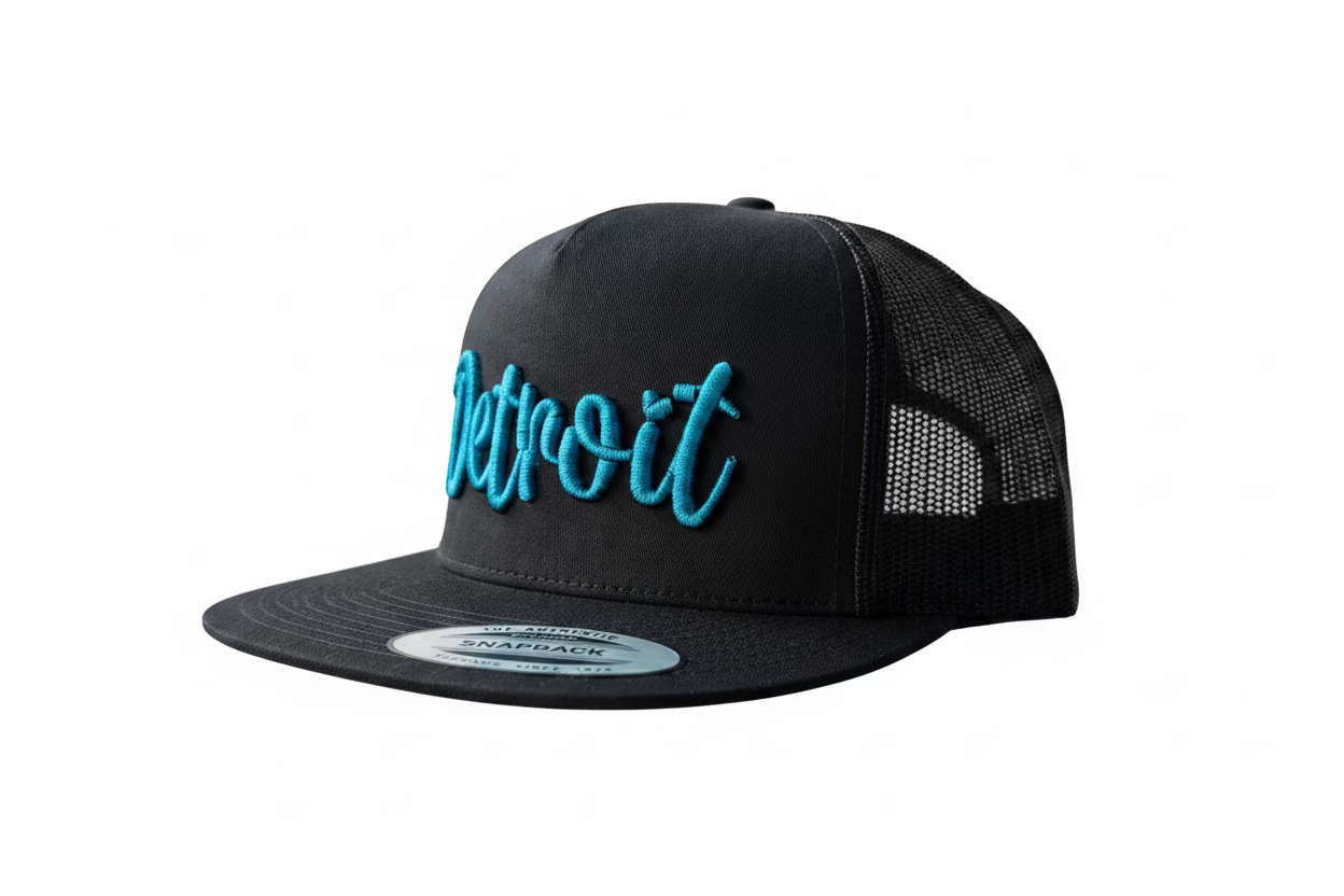 Black Yupoong trucker hat with Detroit script in Honolulu Blue 3D puff embroidery
