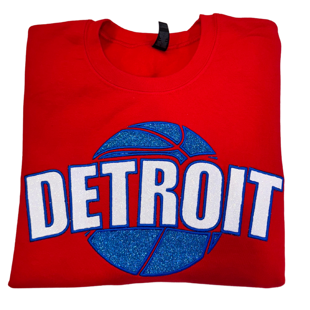 Detroit Basketball Glitter Embroidered Sweatshirt box lettering