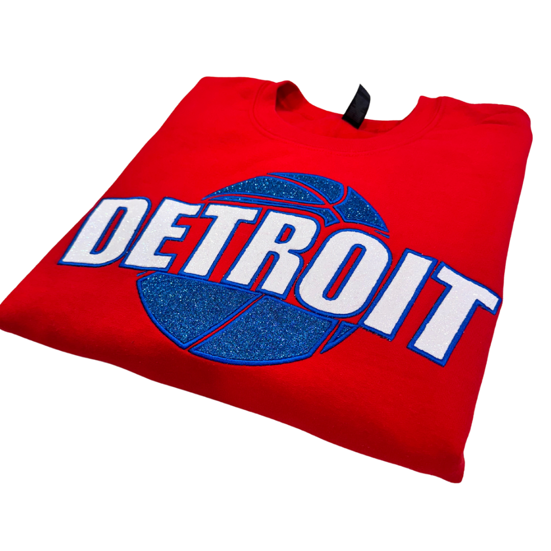 Detroit Basketball Glitter Embroidered Sweatshirt box lettering