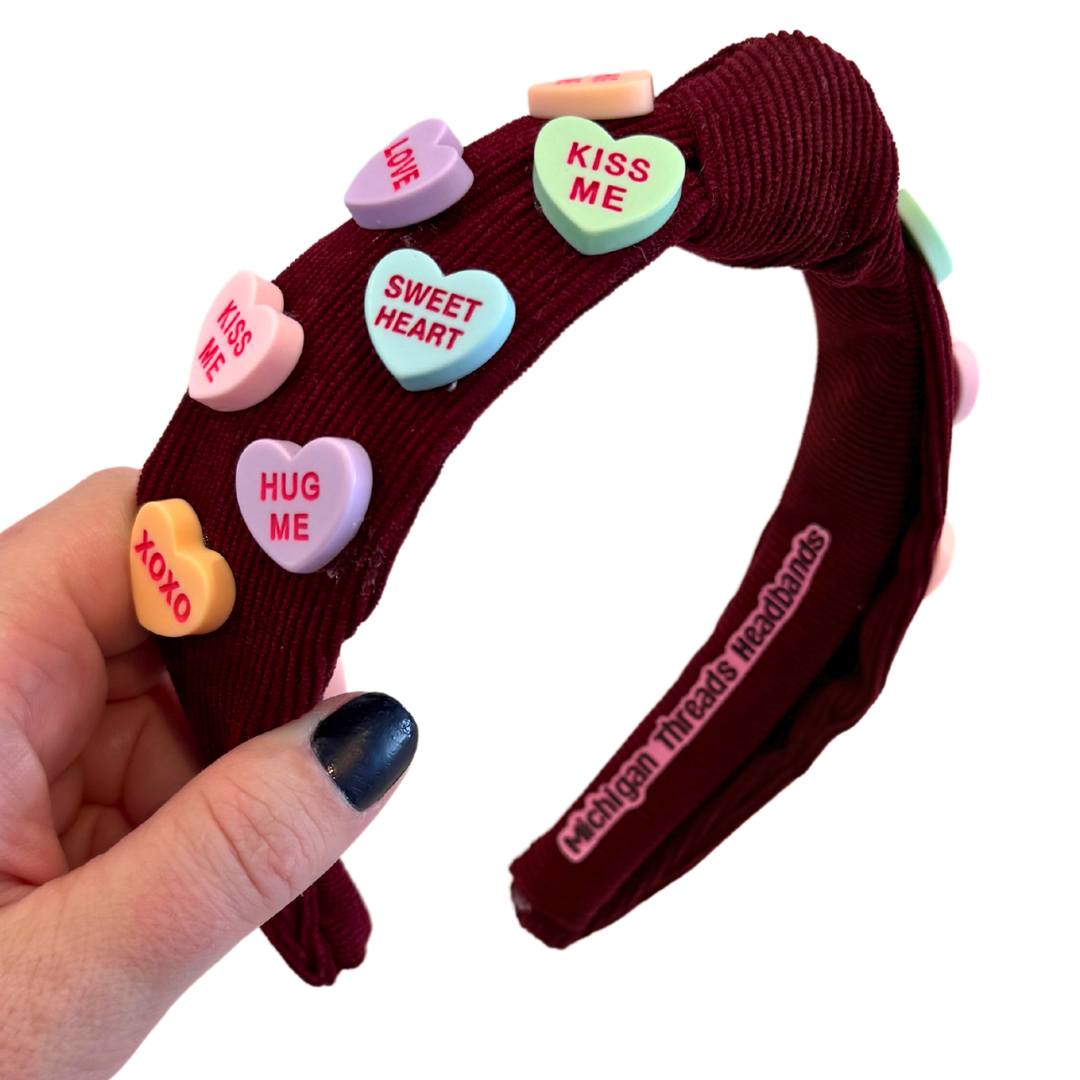 Knotted Classic Headband Wine Corduroy Conversation Hearts